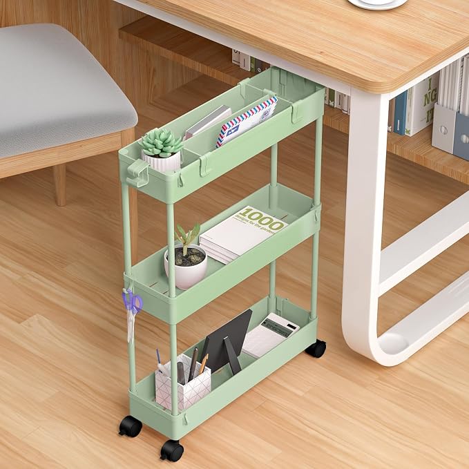 Slim Storage Cart 3 Tier,Bathroom Organizer Rolling Utility,Mobile Shelving Unit Slide Out for Office, Kitchen, Laundry Room & Narrow Places，Green - Image 5