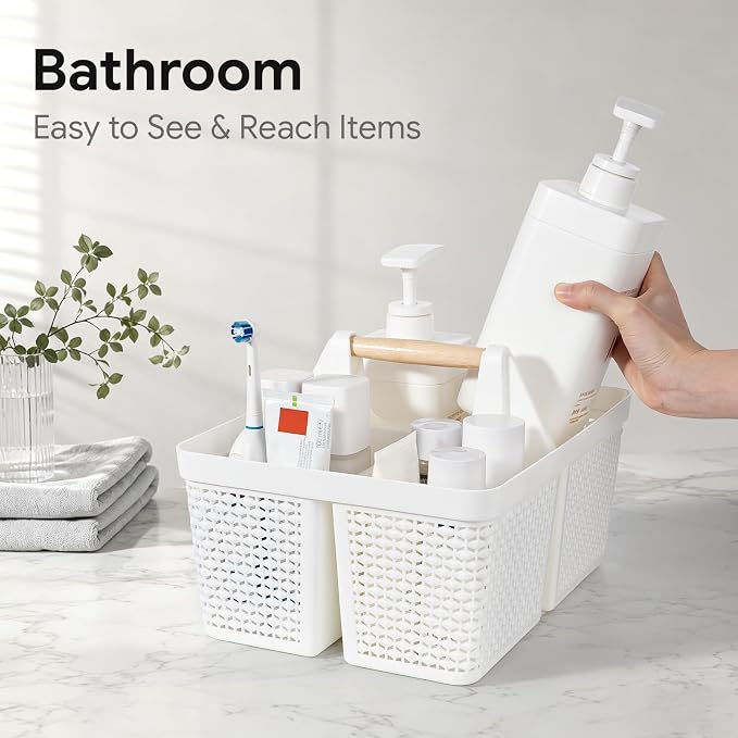 UUJOLY Portable Plastic Shower Caddy Basket with Wooden Handle, White | Divided Storage Organizer Tote for Bathroom, Dorm, College, Kitchen & RV – Lightweight, Easy-Carry Essentials Caddy - Image 5