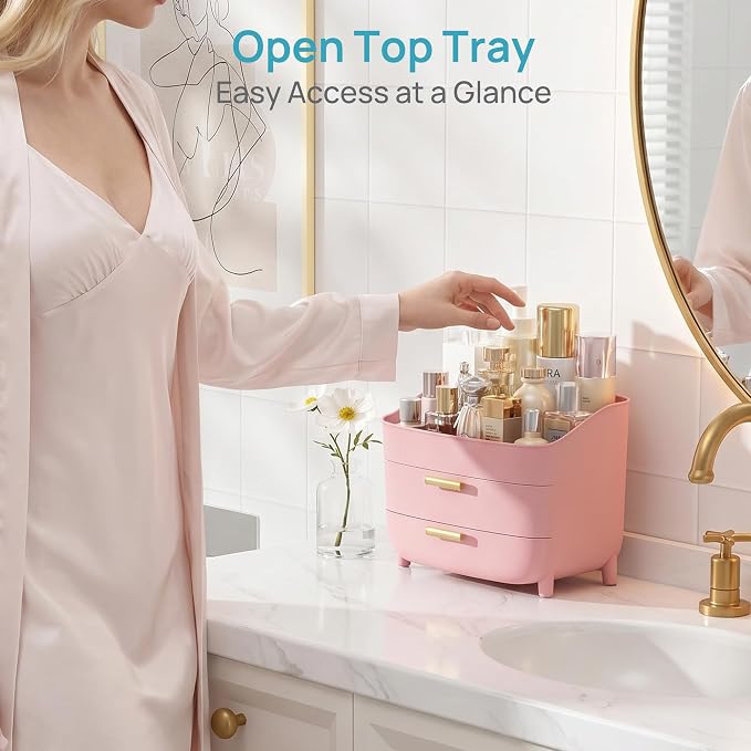 Vtopmart 3-Tier Skincare Makeup Organizer, Pink | With Drawers, For Vanity and Bathroom Countertop, Large Cosmetic Storage Box Case for Dresser, With Non-Slip Base - Image 3
