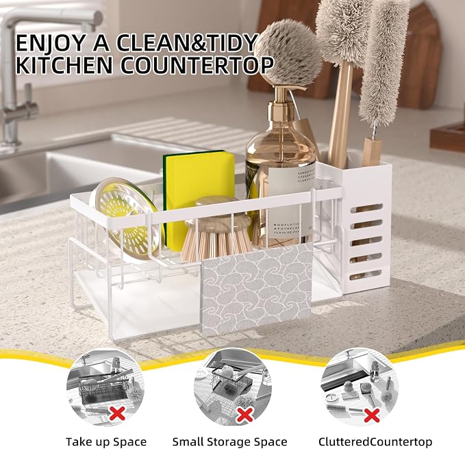 304 Stainless Steel Over Sink Caddy Sponge Soap Organizer White | Auto sloped drainage with removable tray, 3 divided spaces for sponge & soap, rustproof steel, no installation needed - Image 3