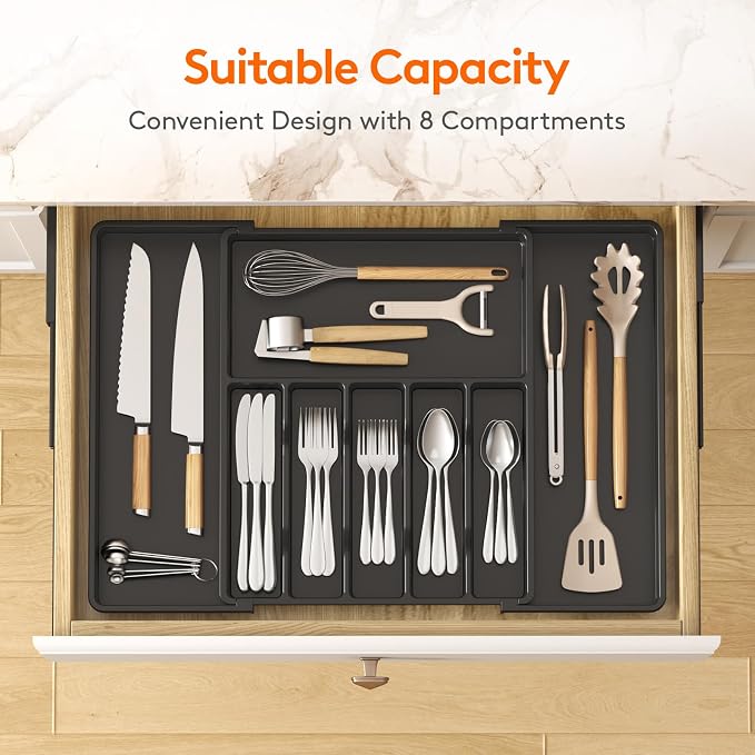Lifewit Extra Large Silverware Drawer Organizer, Expandable Utensil Tray | BPA Free Flatware Cutlery Holder for Kitchen, Adjustable Plastic Storage for Spoons Forks Knives, 15- 27 x 18.5", Black - Image 3