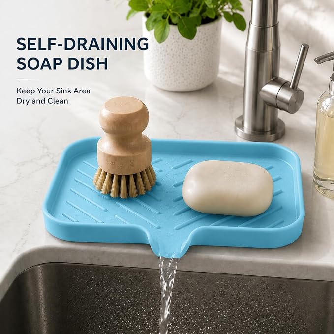MicoYang Silicone Soap Dish with Drain Spout — Self-Draining Sink Organizer Tray for Bathroom & Kitchen, Sponges, Dispensers & Soap Holder, Non-Slip & Dishwasher Safe, Light Blue (Medium, 9.6"×5.3") - Image 7
