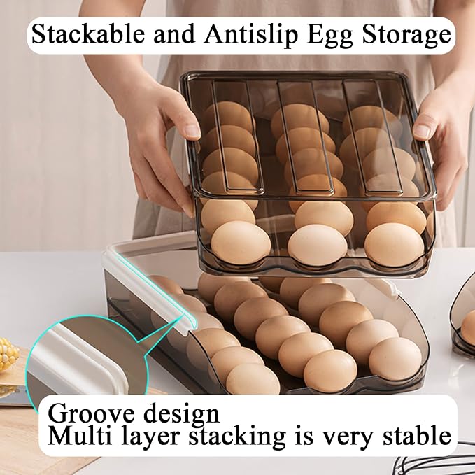 Egg Holder for Refrigerator Auto Scrolling Organizer Plastic Stackable Storage Container Reusable Clear Tray Box Basket Bin Lid Drawer Carrier Keeper(3 Layer) - Image 3
