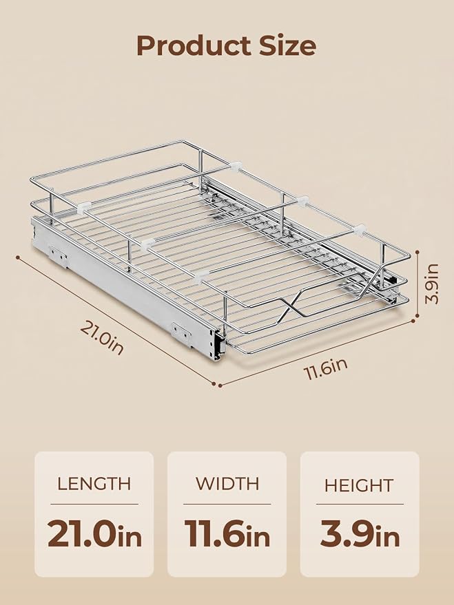 FOHERE Pull Out Cabinet Organizer 11.6" x 21" D Heavy Duty Pull Out Drawers | Smooth Sliding Under Cabinet Shelves for Pots and Pans, Slide Out Drawers For Kitchen Organizers and Storage, for Pantry - Image 2