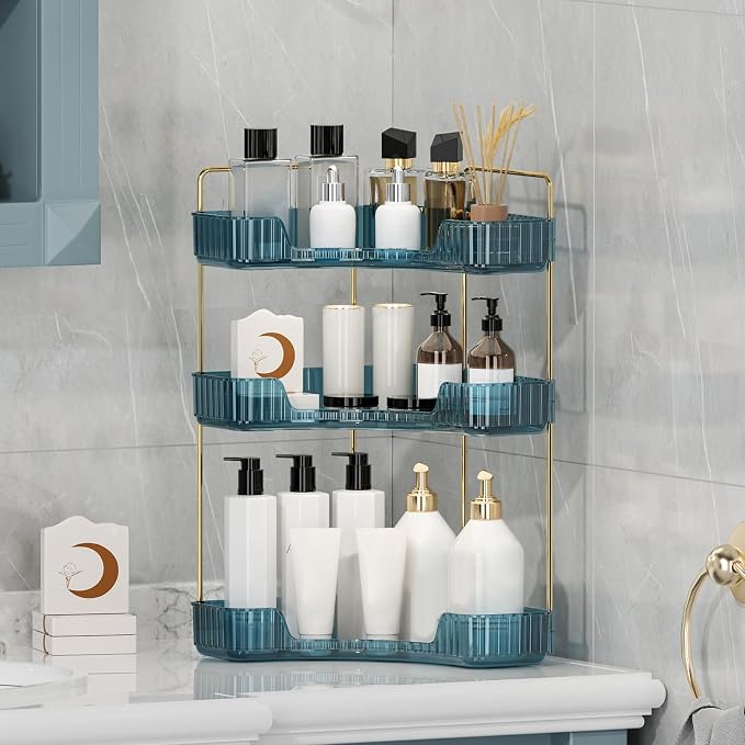 Corner Bathroom Counter Organizer Bathroom Countertop Shelf Makeup Organizer for Vanity Perfume Tray for Corner Storage (3 Tiers, Blue) - Image 6