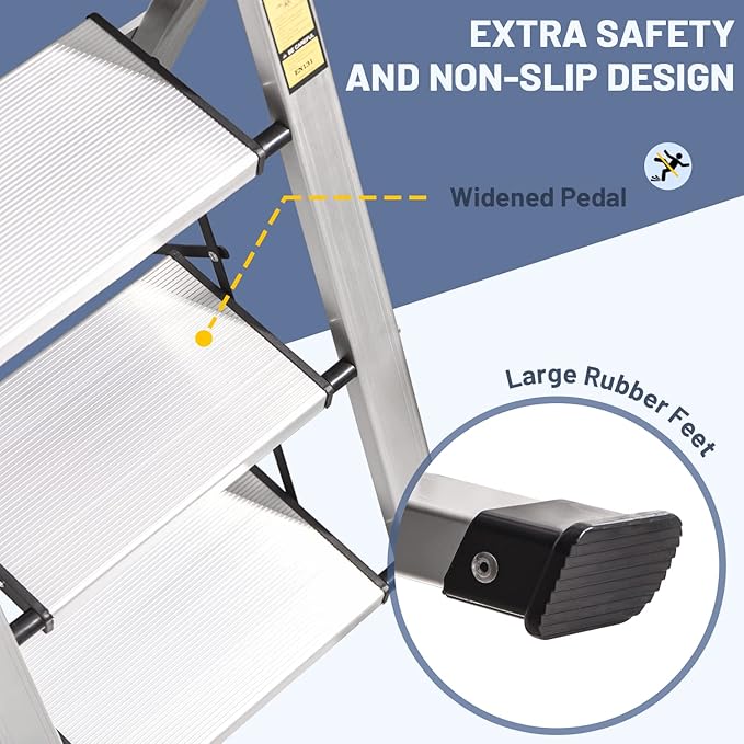 5 Step Ladder, Aluminum Folding Stool with Retractable Handgrip | 330 lbs Heavy Duty | Slim 2.5" Fold | Removable Tool Tray | Non-Slip Pedals | For Tall Cabinets, Ceiling Cleaning & Garage - Image 4