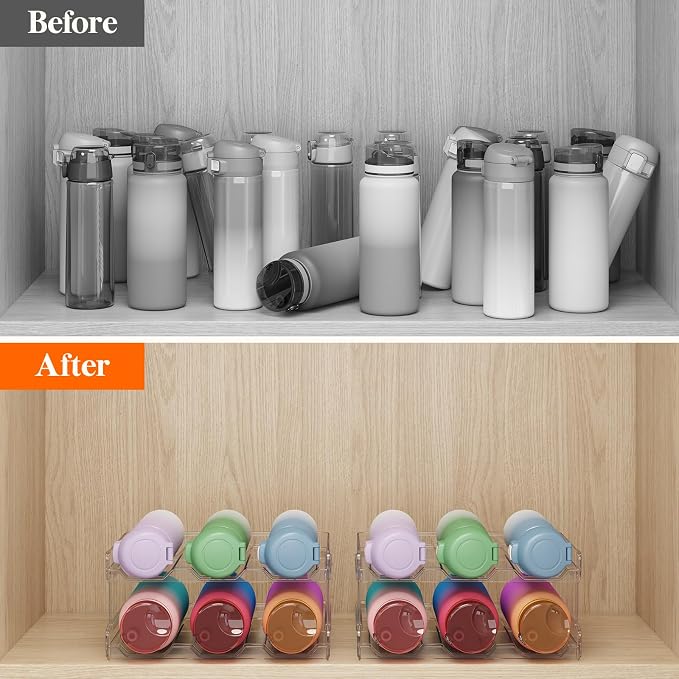 Lifewit 2 Tier Stackable Water Bottle Organizer for Cabinet, 2 Pack Plastic Bottle Holder Fits 6 Bottles/Tumblers up to 3.8" Diameter for Pantry/Countertop/Cupboard, 28 x 19 x 15 cm/11 x 7.5 x 5.7" - Image 9