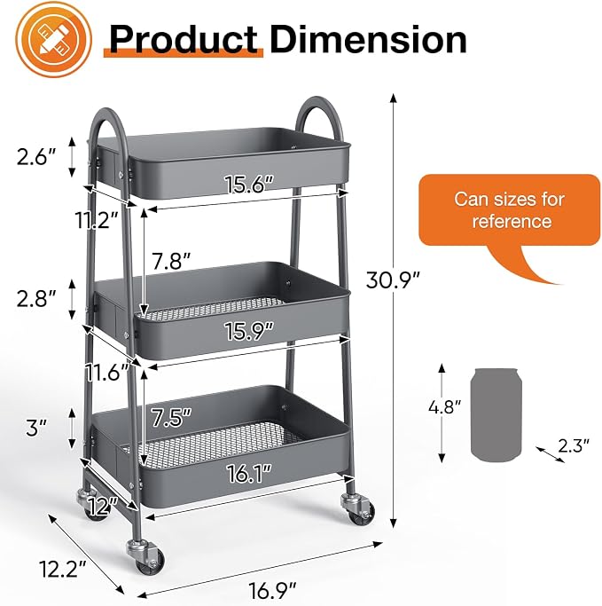 NEWBULIG 3-Tier Metal Rolling Cart with Lockable Wheels, Heavy Duty Mobile Utility Storage Shelf, Roller Book Snack Cart, Grey | Mobile Organizer Shelf, Space-Saving, Freestanding, Bathroom, Living Room, Slim, Narrow Corner Spaces, Grey - Image 4