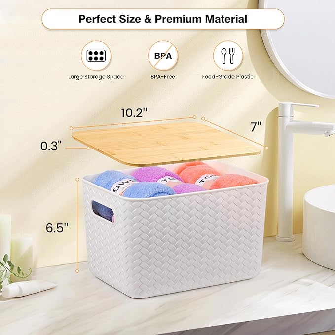 Ohmlove 4 Pack Storage Bins with Bamboo Lids,Stackable Box for Organization | Plastic Storage Containers with Handle, Storages Baskets for Organizing Desktop Closet Playroom Classroom Office, White - Image 2