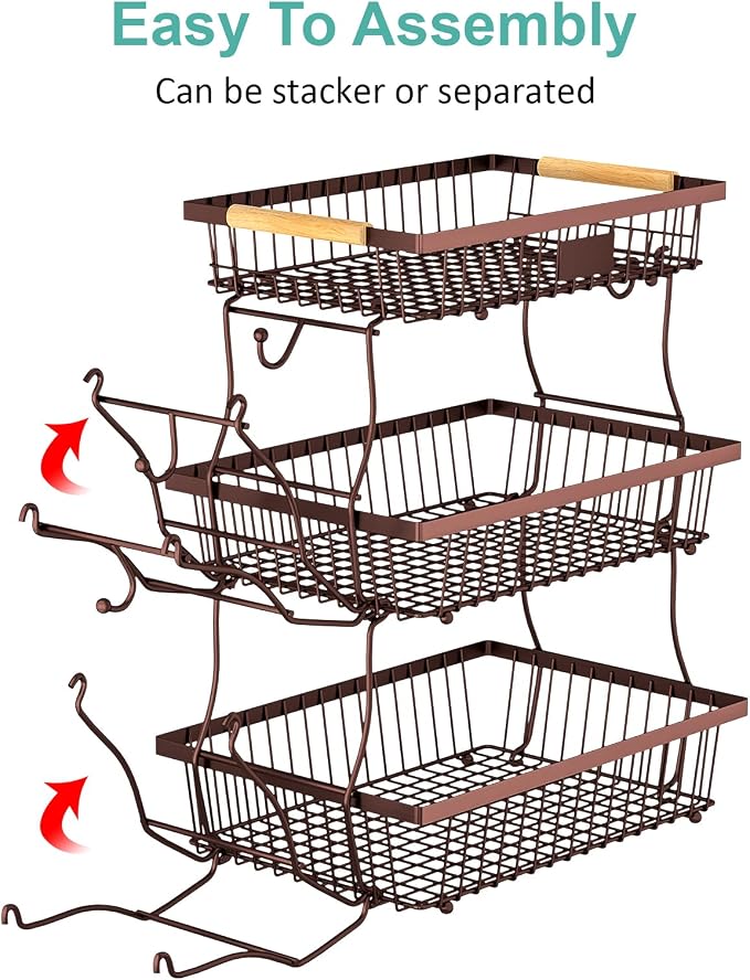 3 Tier Fruit Basket for Kitchen Counter with 2 Banana Hangers, Countertop Metal Fruit Bowl with Wooden Handle, Large Storage Stand for Vegetables, Snacks, Breads, Produce Storage – Brown - Image 8