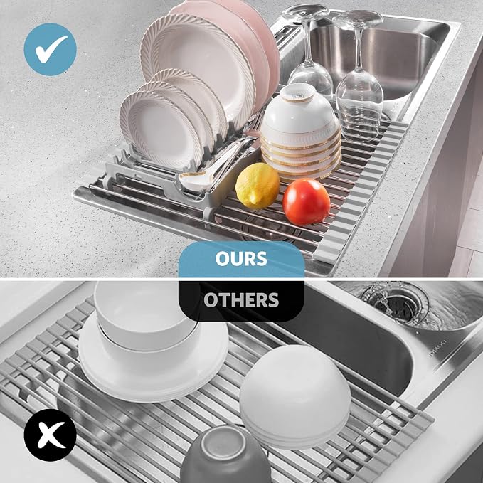 Roll Up Dish Drying Rack,17.1”x13.1”,Build-in Plate Rack | 304 Stainless Steel,Space-Saving,Easy to Clean,Portability and Stability,Heat Resistant,Trivet for Kitchen Countertop - Image 3
