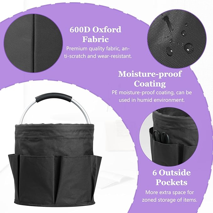 2Pack 17L Foldable Cleaning Supply Caddy with Handle, Portable Bucket Tool Organizer, Garden Tool Bag in 600D Oxford Fabric, Folding Storage Basket for Outdoor, Bathroom, Black + Dark Gray - Image 8
