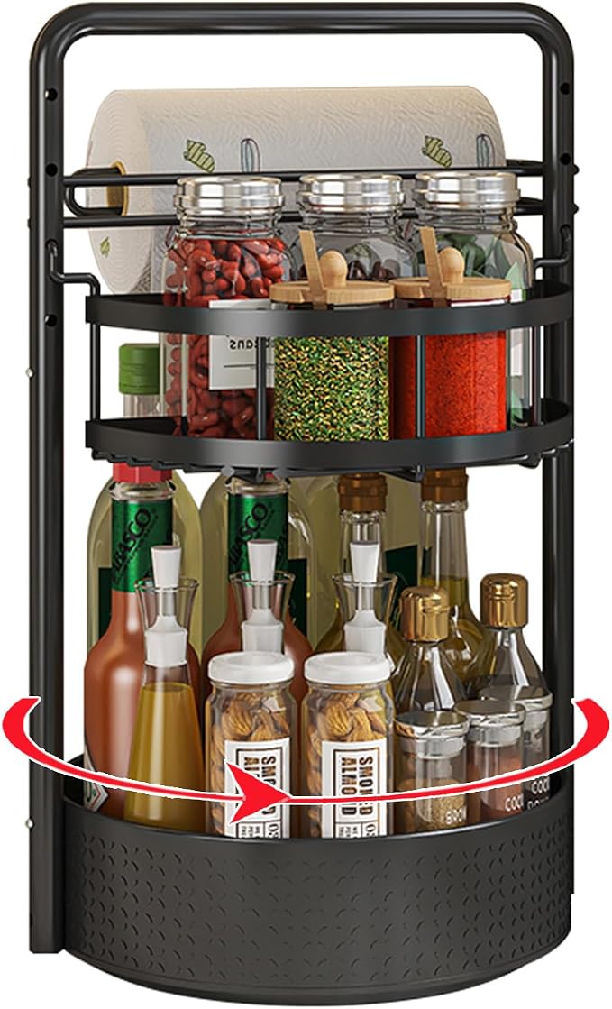Rotating Spice Rack with Paper Towel Holder, Black | 2 Tier Turntable Lazy Susan, Durable Iron, Seasoning Organizer, For Kitchen Countertop by CLOKTA