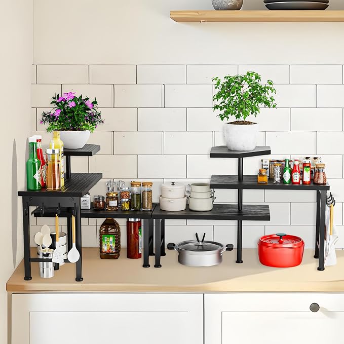 Counter Organizer Shelf, 3 Tier Moveable Black Corner Shelf Organizer with Hook, Counter Shelf for Kitchen Bathroom Spice Rack Coffee Area Over Sink Dresser Table (Black) - Image 6