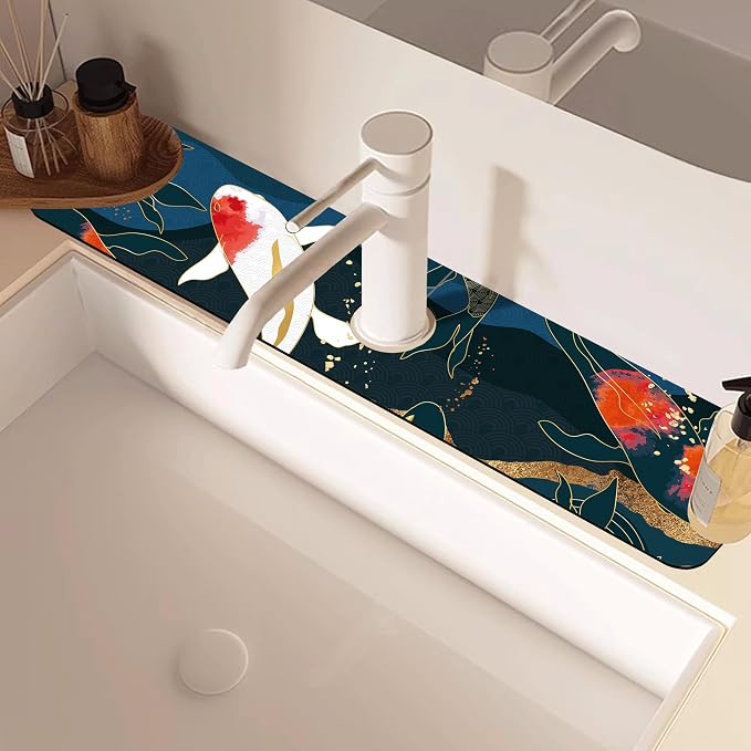 Oriental Japanese Koi Fish Sink Faucet Absorbing Mat Sink Splash Guard Faucet Mat Draining Mat Fast Drying Sink Protectors for Kitchen and Bathroom 5.5"×24" - Image 2