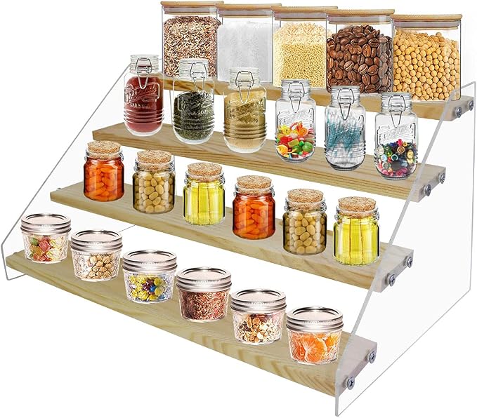 VAEHOLD Spice Rack Organizer for Cabinet & Countertop - Seasoning Organizer Spice Shelf - Space Saving Wooden Display Risers Shelf Showcase Fixtures Jewelry (4 Tier) - Image 2