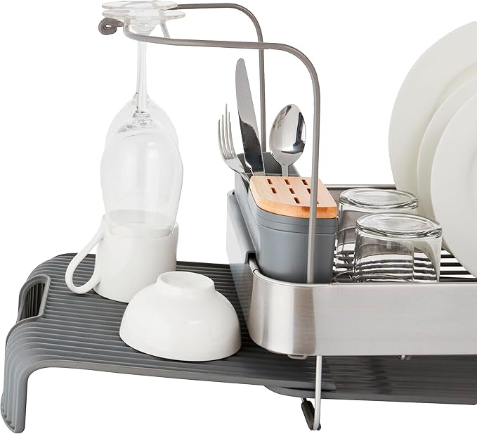 KitchenAid Compact to Full Size Expandable, Rust Resistant Satin Coated Dish Rack with Angled Self Draining Drain Board and Removable Flatware Caddy, 24-Inch, Charcoal - Image 4
