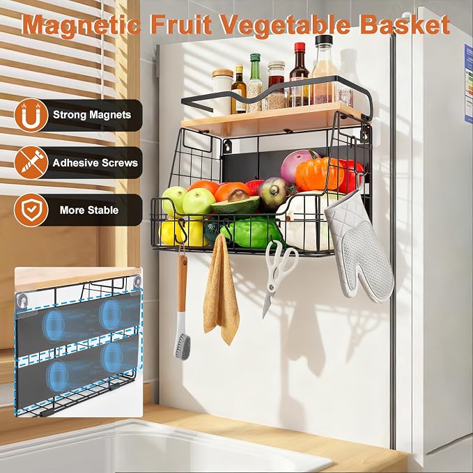 Livabber Magnetic Fridge Organizer Basket with Wood Shelf, Large Fruit Vegetable Storage Bin, Spices Snacks Condiments Rack for Kitchen Pantry, Laundry Room, Office, Magnetic or Wall Mount (Black) - Image 4