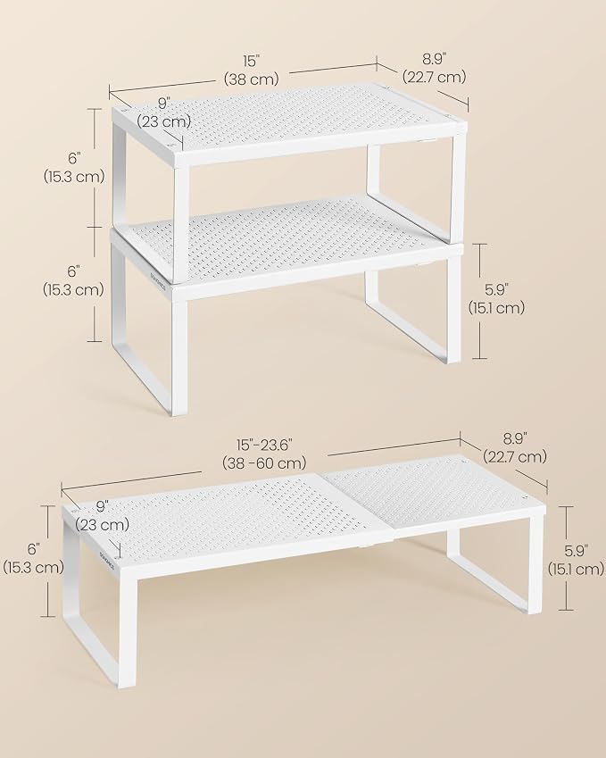 SONGMICS Spice Rack, Expandable Kitchen Countertop Shelf, Steel | Set of 4 small cupboard organizers, space-saving tabletop shelves, Matte White, UKCS404WC01 - Image 6