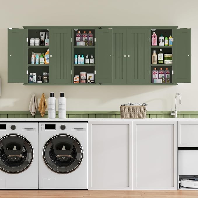 ChooChoo Laundry Cabinet with 3 Doors and Adjustable Shelves | 9.06"D x 31.1"W x 24"H, Bathroom Wall Cabinet, Cupboard, Green - Image 4