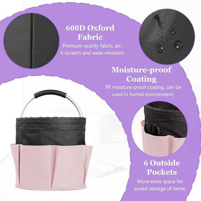 2Pcs 17L Shower Caddy with 6 Pockets, Portable Cleaning Caddy in 600D Oxford Fabric, Cleaning Supplies Bucket with Handle, Multifunctional Storage Basket for Dorm, Family, Black with Pink - Image 3