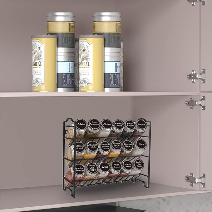 SWOMMOLY Spice Rack Organizer with 18 Spice Jars 4 oz, 396 Spice Labels | Chalk Marker, Funnel Set, Spice Organizer for Cabinet, Countertop, Pantry, Cupboard & Wall Mount, 11.2" W × 9.9" H, Black - Image 2