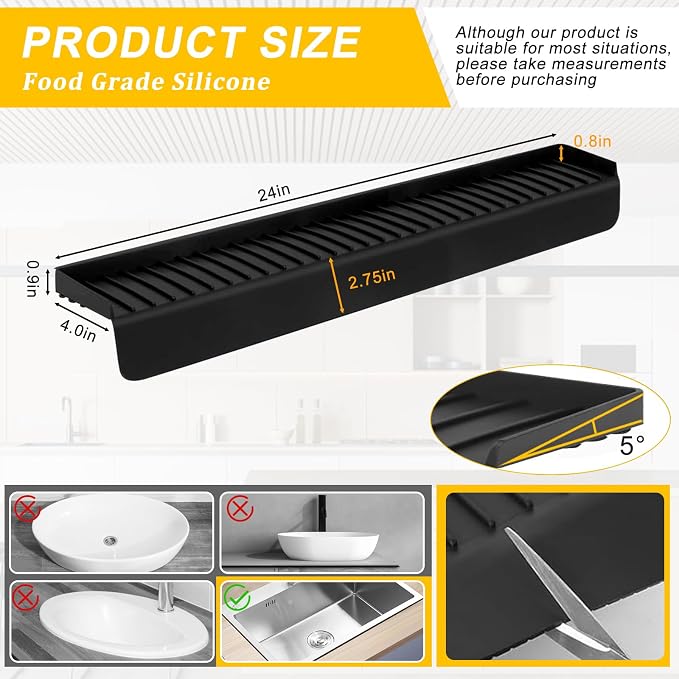 Silicone Sink Edge Protectors - Multifunction Accessories, Splash Guard & Draining Mat for Kitchen, Bathroom Sink, Steel, Granite, Quartz Countertops (Black, 4 * 24in) - Image 3
