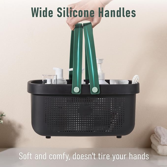Portable Shower Caddy Basket with Handle Plastic Storage Basket Black Green | Sturdy Drainage Large Capacity Organizer Basket with Silicone Handles for Bathroom Kitchen Bedroom College Dorm Essentials - Image 5