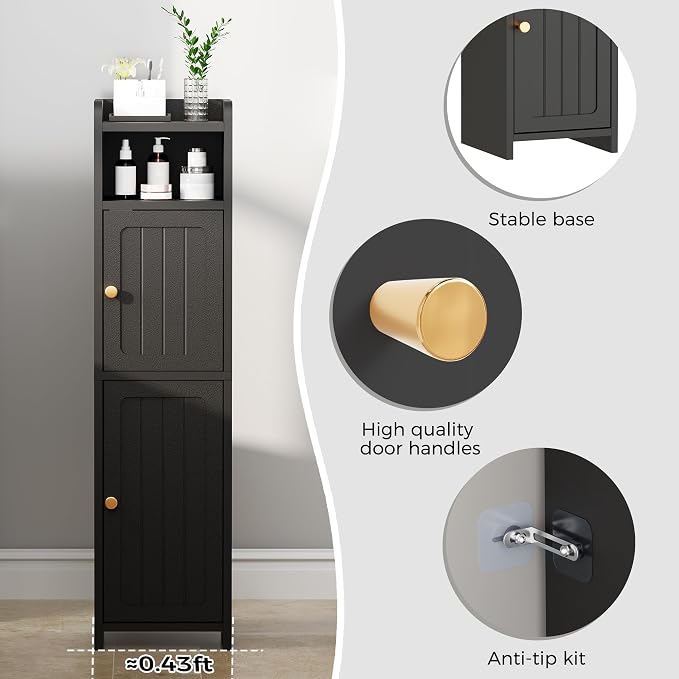 BEWISHOME Small Bathroom Storage Cabinet, 2 Doors Narrow Bathroom Cabinet | Storage Cabinet with Adjustable Shelves, Narrow Toilet Paper Cabinet 7.9"D x 7.9"W x 31.5"H, for Small Spaces, Black YYG03B - Image 7