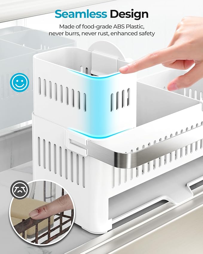 Nieifi Sponge Holder, White Rustproof ABS Sink Caddy with Towel Rack | Smiley Sponge and Brush Holders with Drainage to Keep Items Dry. 10"L x 4.5"D. Kitchen Counter Organizer & Essential Storage. - Image 3