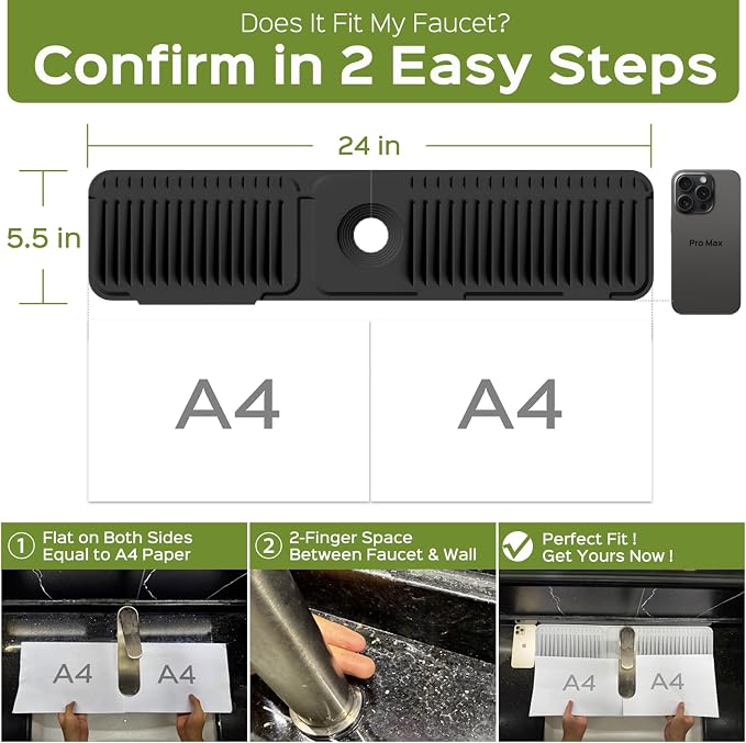 24 Inch Silicone Faucet Mat for Kitchen Sink Splash Guard – Upgraded Draining Mat with Water Tray Behind Faucet – Countertop Protectors to Catch Spills (Black, 24" x 5.5" ) - Image 2