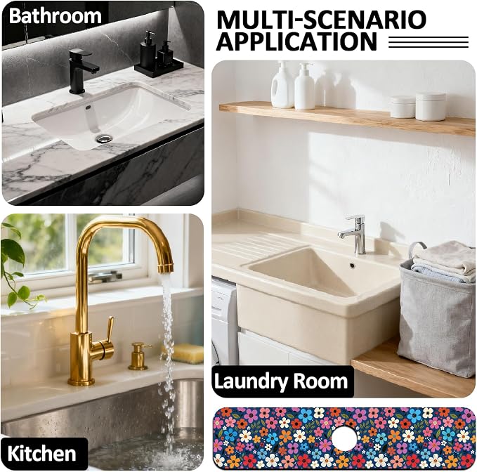 2 Pcs Floral Print Kitchen Sink Splash Guard Faucet Mat Plants Floral patterns Faucet Mat for Sinks Absorbing Drying Mats for Kitchen Bathroom, 23.6x5.5inch - Image 7