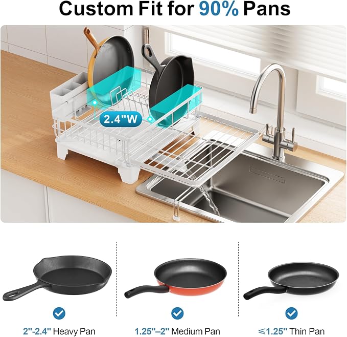Expandable Dish Drying Rack - Countertop with Sink Extension, White | 12.6"-22.4" Adjustable Length, Extra Drying Space, Auto-Drain Spout, Large-Capacity, Removable Utensil Holder, Rust-Resistant - Image 6