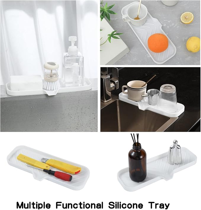 MicoYang Silicone Soap Dish with Drain Spout — Self-Draining Double Sink Organizer Tray for Kitchen & Bathroom, Dispensers, Sponges & Soap Holder, Non-Slip & Dishwasher Safe, White (Large, 12"×4") - Image 5