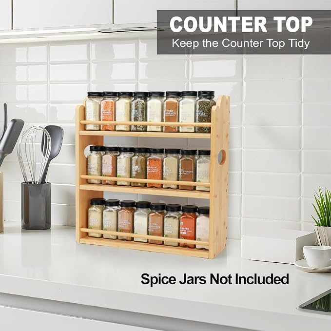 3-Tier Bamboo Spice Rack, Wall Mount & Countertop Spice Organizer | Seasoning Jars Rack Shelf Spice Organizer for Kitchen, Spice Storage Holder with handles, Front and Rear Protective Design - Image 3