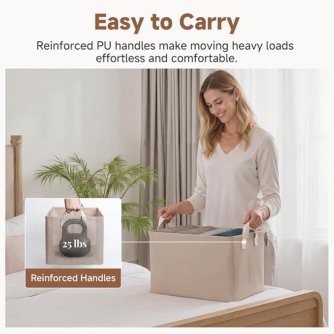StorageWorks Fabric Storage Bins, Closet Bins, Light Brown, 2-Pack | With PU Handles, Wrinkle-Resistant Cottlyn Fabric, Foldable, For Bedroom, Bathroom, Laundry, Holds Clothes, Towels, Blankets - Image 4