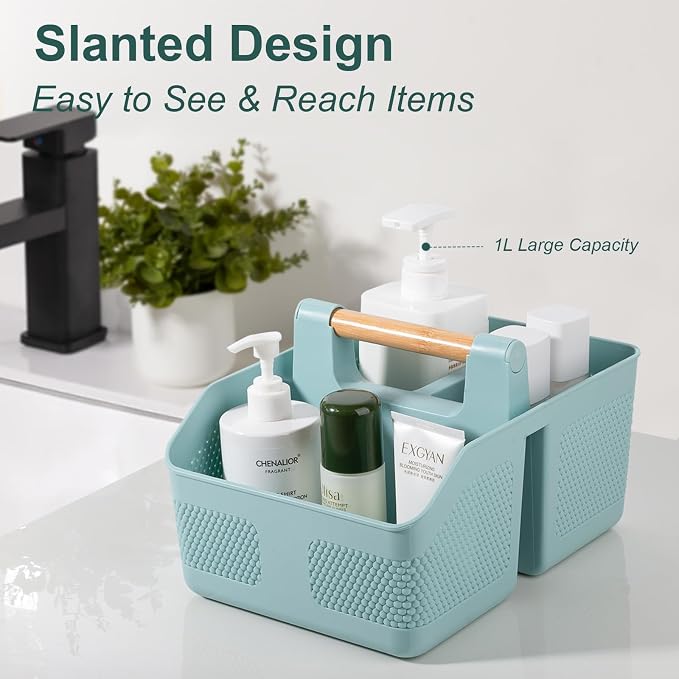 Plastic Shower Caddy Portable Shower Basket with Bamboo Handle, Blue | Cleaning Caddy Organizer Storage Tote for Bathroom, College Dorm Essentials, Bath Toy Storage - Image 3