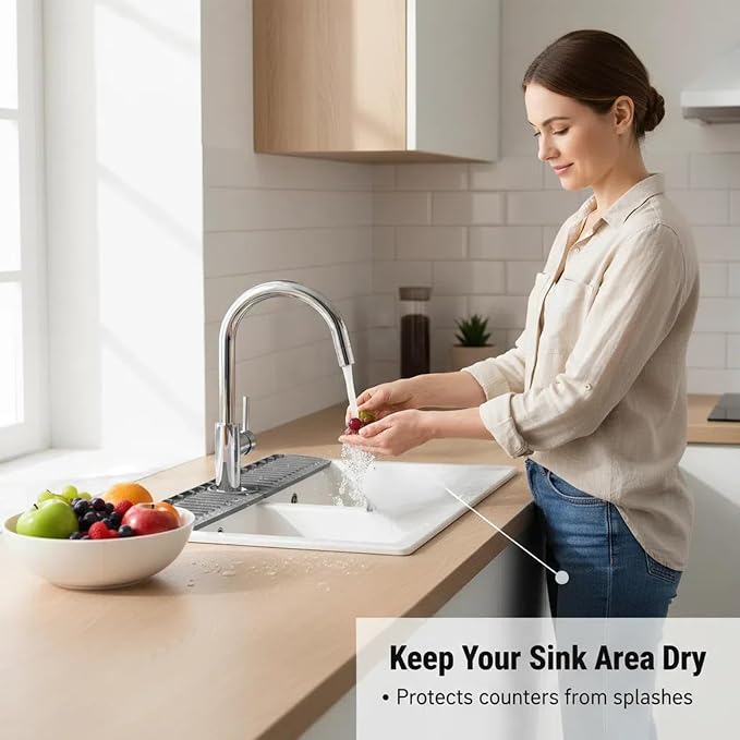 30 Inch Silicone Kitchen Sink Faucet Mat, Adjustable Waterproof Splash Guard Draining Mat Keep Countertops Dry (Black) - Image 3