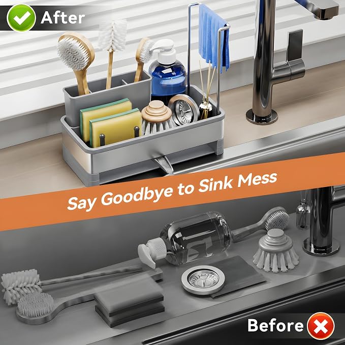 Laveshop Sponge Holder for Kitchen Sink, Rustproof Stainless Steel Sink Caddy with Auto-Drain, Removable Brush Holders, Soap and Dishcloth Organizer, Gray - Image 5