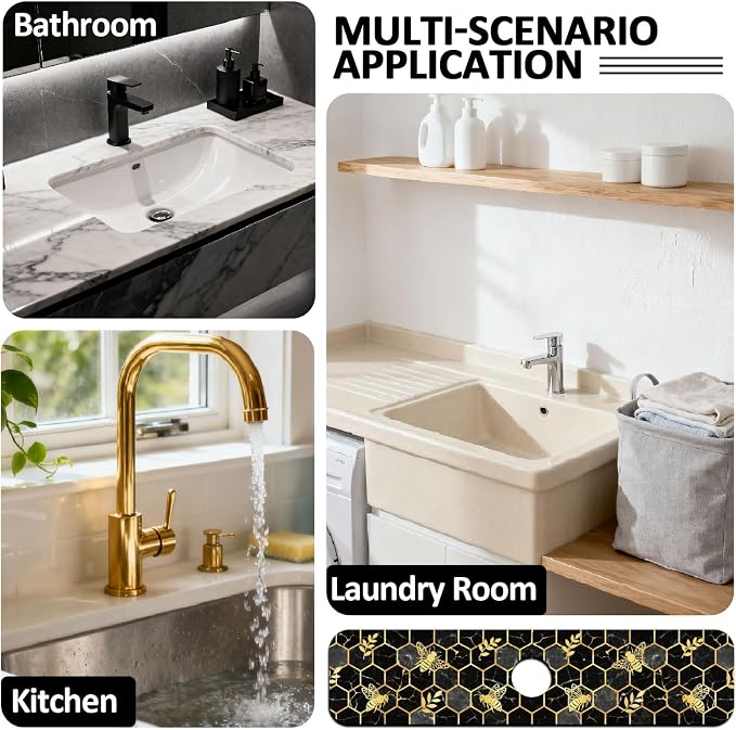 2 Pcs Marble Honeycomb Kitchen Sink Splash Guard Faucet Mat | Gold-edged Faucet Mat for Sinks Bee Pattern Absorbing Drying Mat for Kitchen Bathroom, 23.6x5.5inch - Image 7