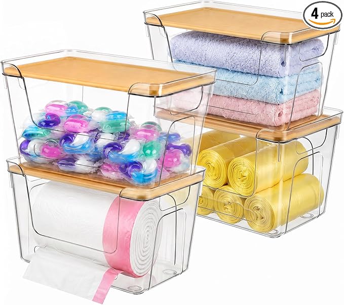 CANTAMI Plastic Trash Bag Dispenser with Lids, Stackable, 4Pack, 4XL | Clear Trash Bag Organizer for Kitchen, Laundry Room, Under Sink Organization and Storage by CANTAMI