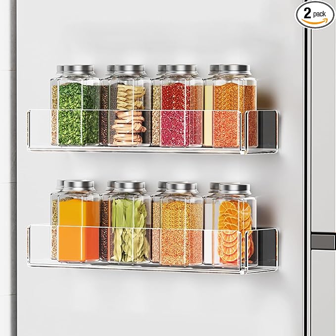2 Pack Acrylic Spice Racks for Refrigerator and Oven, Magnetic Fridge Organizers and Storage, Clear by Lumanman