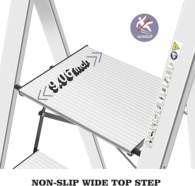 KINGRACK Aluminium 4 Step Ladder, Lightweight Step Stool with Non-Slip Pedals, Handrail, Foldable Step Ladder for Kitchen, Garage, Home, Space Saving, Sturdy and Portable, Silver - Image 2