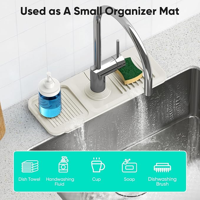 14.6 inch Faucet Mat for Kitchen Sink [5°Slope Fast Self-draining] Faucet Mat Kitchen Sink Splash Guard Silicone Sink Splash Guard Kitchen Sink Area Tidy Splash Faucet Guard Draining Mat-Beige - Image 7