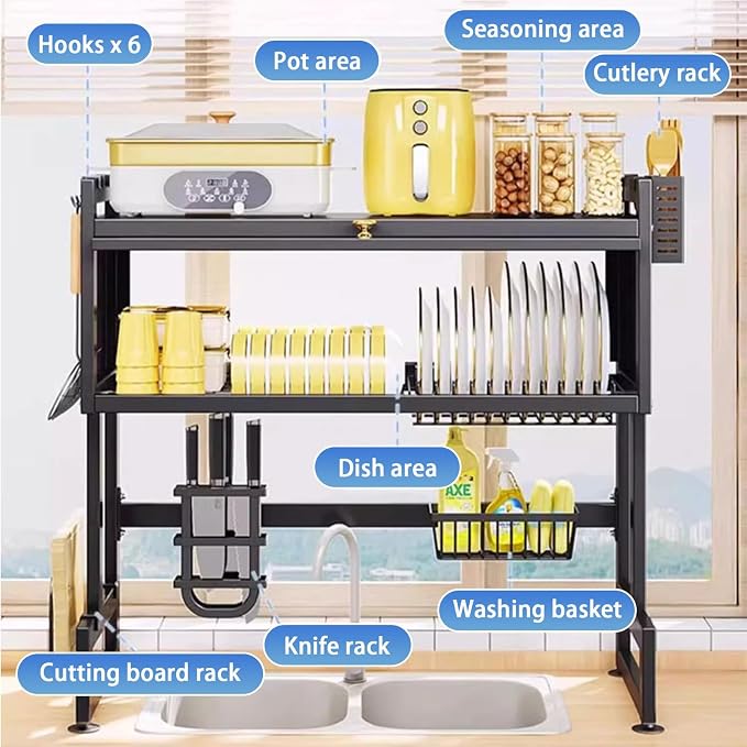 Over Sink Dish Drying Rack 2 Tier Stainless Steel Dish Drainer with Cover and Utensil Holders Large Capacity Space Saving Kitchen Organizer - Image 7