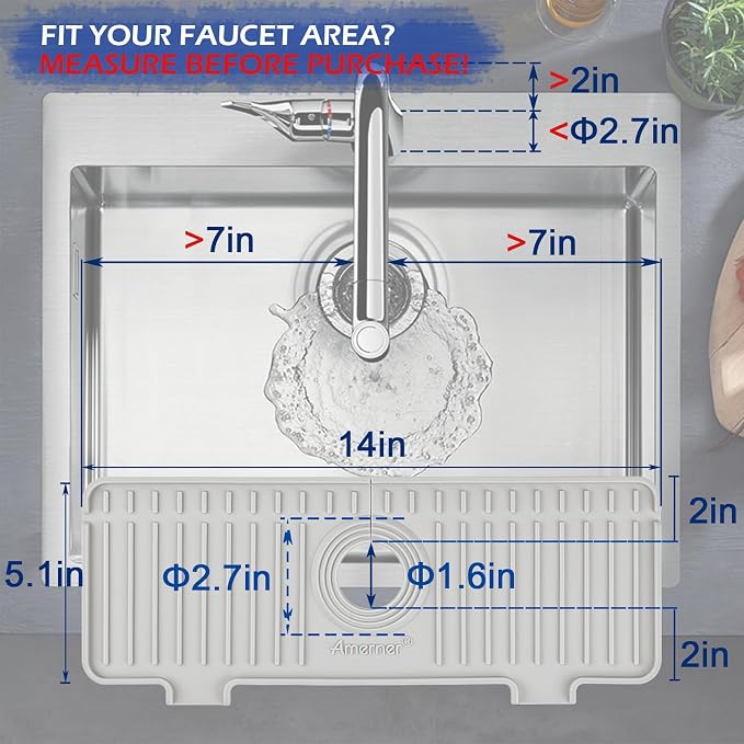 Amerner Kitchen Sink Splash Guard, Silicone Faucet Guard & Draining Mat, Bathroom and Kitchen Sink Organizer, Sink Faucet Mat Water Splash Guard Behind Faucet Accessories Gadgets, 14.2” x 5.1”, White - Image 2