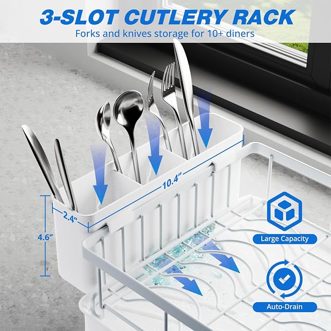2-Tier Dish Drying Rack - Dish Rack with Auto Drain-to-Sink & Mat | Dish Racks for Kitchen Counter, Dish Drainer with Knife Fork & Cup Rack, Gifts for Women, Mothers Day, Kitchen Gadgets, White - Image 5