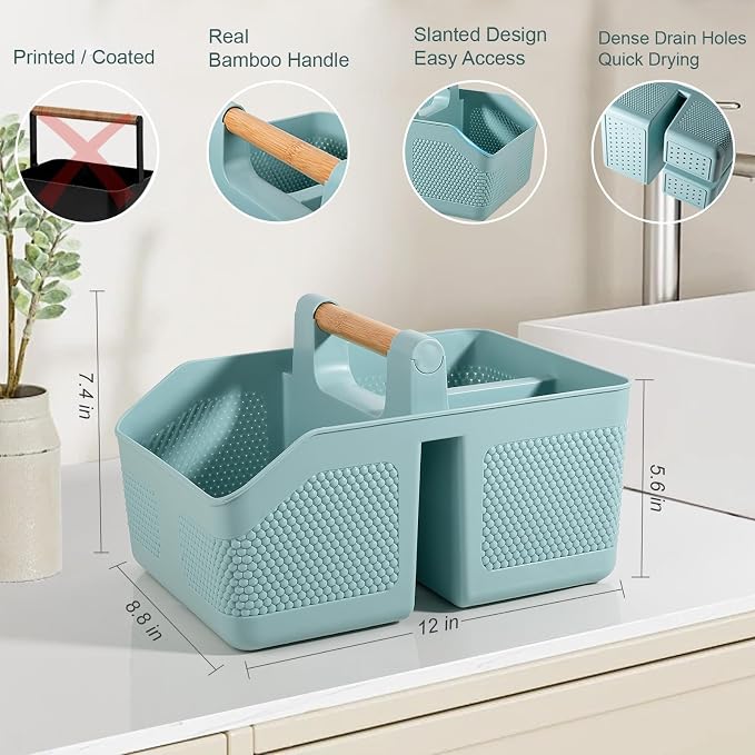 Plastic Shower Caddy Portable Shower Basket with Bamboo Handle, Blue | Cleaning Caddy Organizer Storage Tote for Bathroom, College Dorm Essentials, Bath Toy Storage - Image 2
