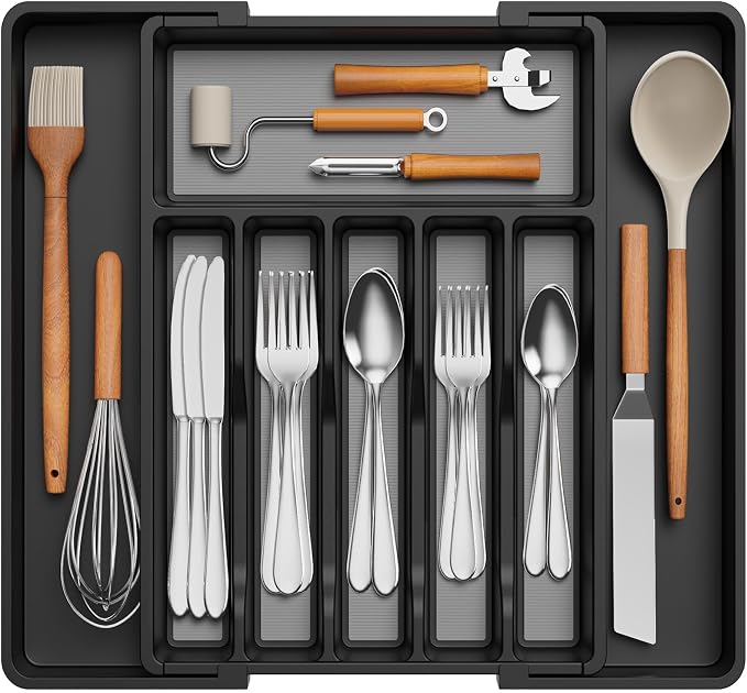 Lifewit Extra Large Silverware Drawer Organizer, Expandable Utensil Tray | BPA Free Flatware Cutlery Holder for Kitchen, Adjustable Plastic Storage for Spoons Forks Knives, 13-22.4 x 16.7, Black Gray by Lifewit