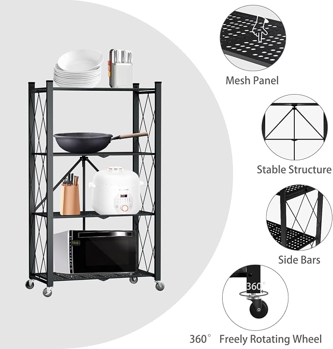 4 Tier Foldable Storage Shelf with Wheels, Metal Steel Collapsible Shelves | Heavy Duty Folding Shelf Loads 600 LBS, Rolling Standing Utility Rack for Kitchen, Pantry, Office, Black - Image 6